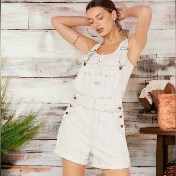 LEVI’S Striped Light Wash Denim Shortalls Size XL NEW - Picture 2 of 11